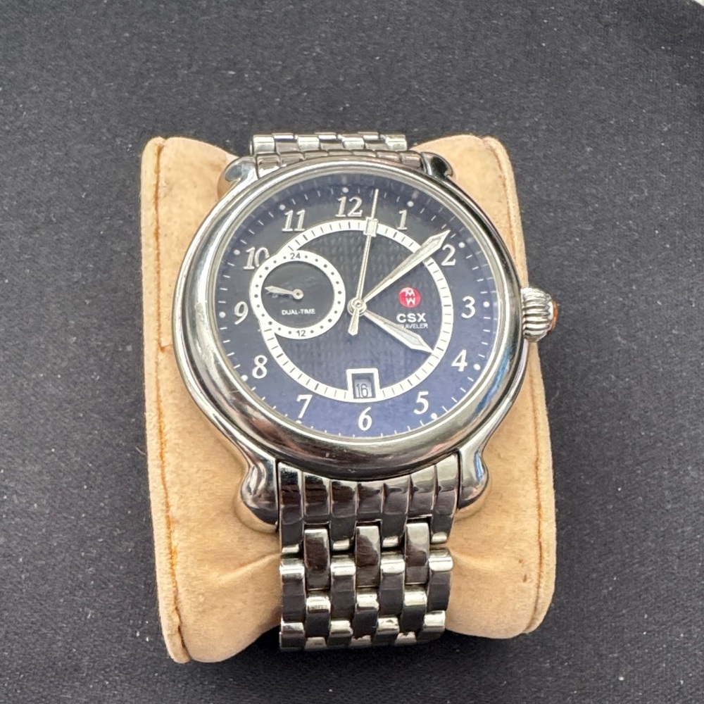Michele CSX Silver and Black Dual Time Watch gently used no bag or box. Thanks!